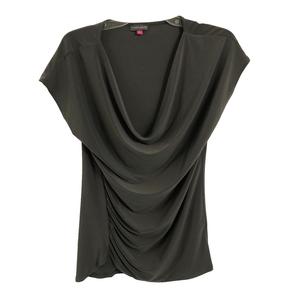 Vince Camuto Drape Front Blouse Top Olive Gray Size S Scooped Neck Elegance